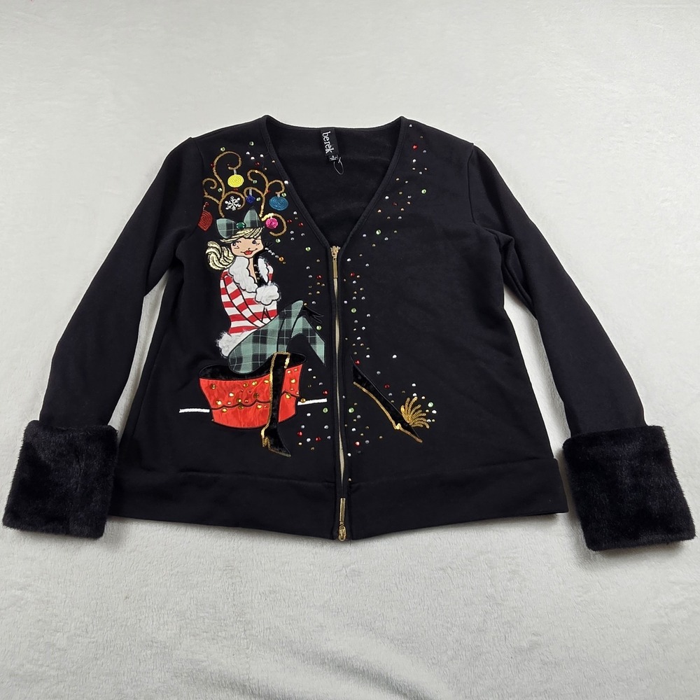 Berek‎ Christmas Cardigan Full Zip Women's Size Small Black Sequin